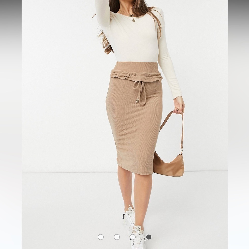 Lavish Alice x Patricia Bright |  relaxed ribbed midi pencil skirt in beige 4